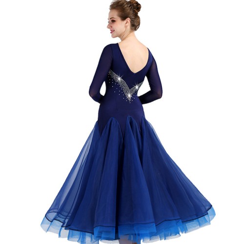 Ballroom  dancing dresses for women navy color waltz tango long sleeves long length diamond competition stage performance dresses 